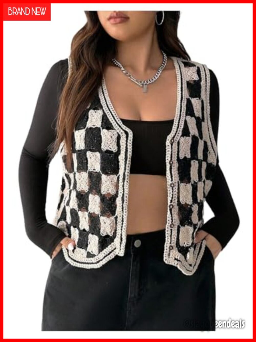 Plus Size Checkered Crochet Button Down Sweater Vest Sleeveless Knit